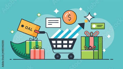 Vector clipart illustrating a shopping cart filled with products, shopping bags, and various decorative elements with a warm background
