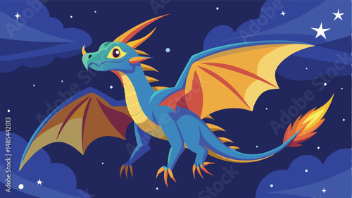 Colorful dragon illustration soaring through a starry night sky with a crescent moon and bright stars, showcasing vibrant colors and dynamic design