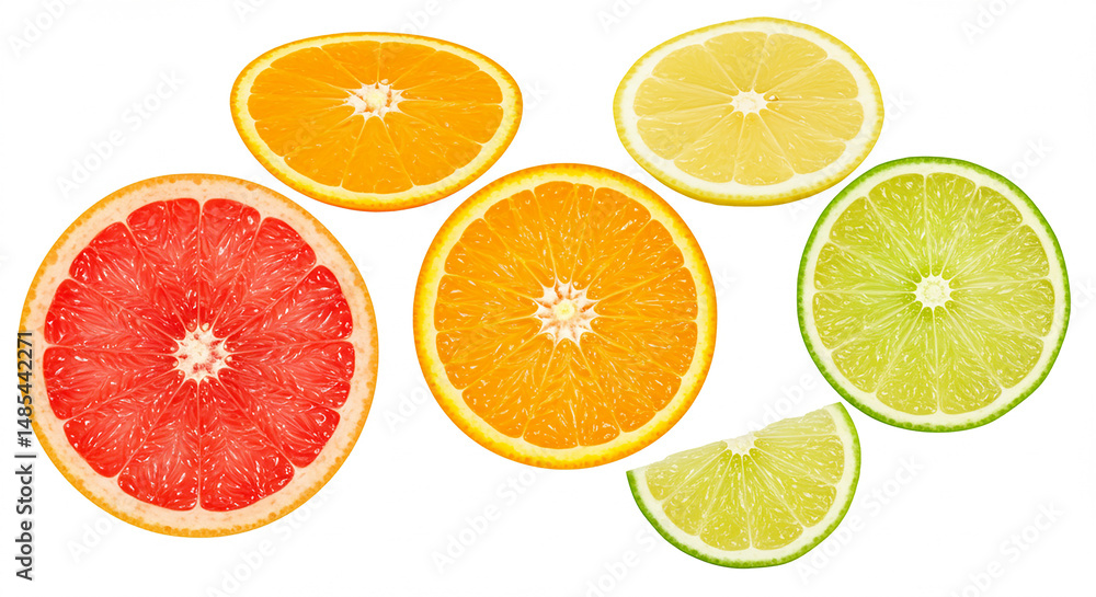 Sliced citrus fruits including orange, lemon, lime, and grapefruit isolated on white background. Sliced citrus fruits including orange, lemon, lime, and grapefruit isolated on white background.