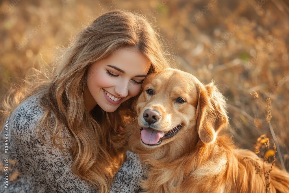 Joyful Woman Embracing Her Adorable Golden Retriever in a Serene Park Setting Joyful Woman Embracing Her Adorable Golden Retriever in a Serene Park Setting