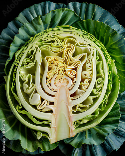 Cross Section of a Green Cabbage Revealing Intricate Leaf Structure and Vibrant Colors