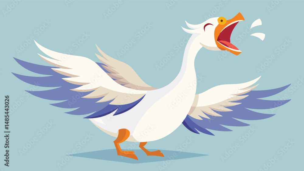 Naklejka premium Colorful vector illustration of a joyful goose spreading its wings and singing on a light blue background, showcasing vibrant artwork and playful design elements