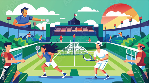 Vector clipart illustration of a vibrant tennis tournament taking place at an outdoor sports venue with players engaged in matches and spectators enjoying the event