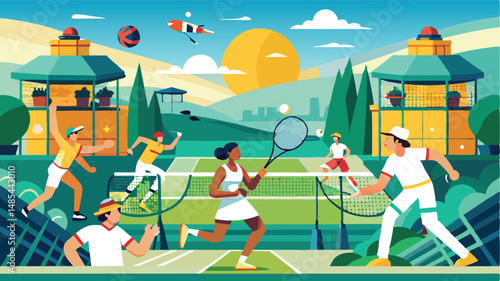 Vector clipart illustration of a vibrant tennis tournament taking place at an outdoor sports venue with players engaged in matches and spectators enjoying the event
