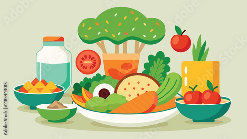 Delicious spread of fresh fruits and vegetables displayed on a green platter with healthy smoothie for a vibrant meal