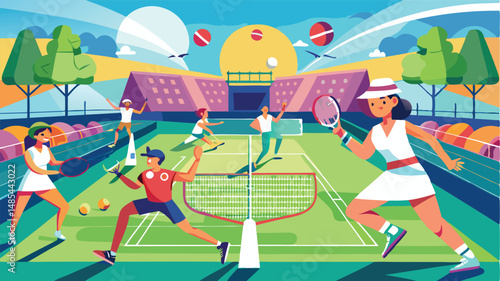 Vector clipart illustration of a vibrant tennis tournament taking place at an outdoor sports venue with players engaged in matches and spectators enjoying the event