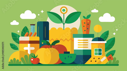 Fresh produce and groceries in a colorful vector illustration showcasing various fruits, vegetables, and pantry items