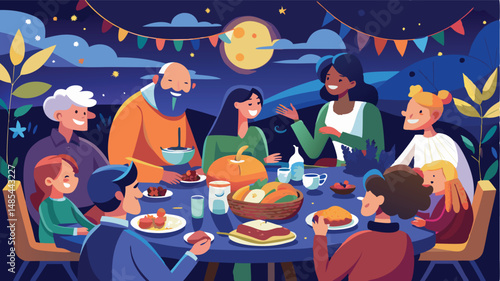 Gathering of friends celebrating a festive dinner at night with a bountiful table spread in a cozy outdoor setting