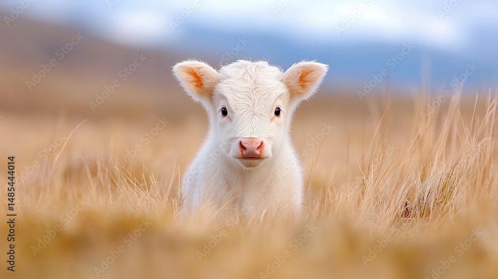 Fototapeta premium Cute White Calf in Field