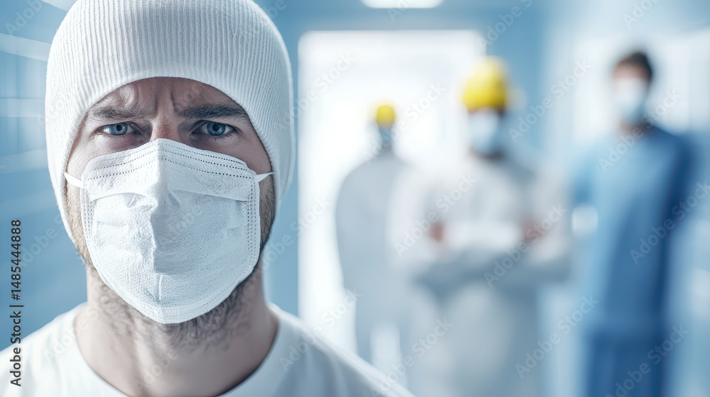 Healthcare worker wearing mask and beanie looks serious, with blurred colleagues background, emphasizing health risks Healthcare worker wearing mask and beanie looks serious, with blurred colleagues background, emphasizing health risks