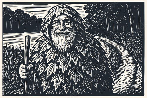 Vector illustration in a linocut or woodcut style. A friendly, bearded folkloric character, a green man or nature spirit, clad in leaves, holds a staff. He stands by a path near water and tre