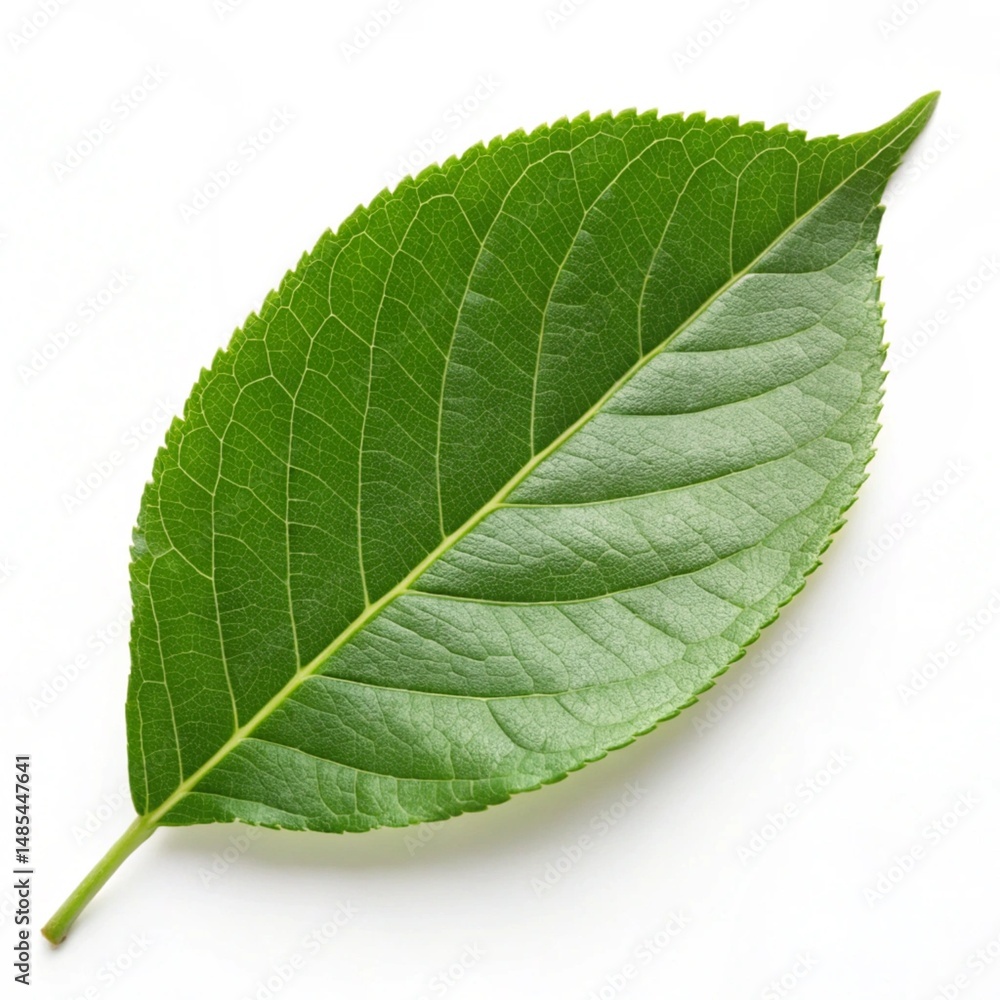 Obraz premium Vibrant green leaf, fresh botanical element, lush foliage, natural plant detail, isolated on white for design projects