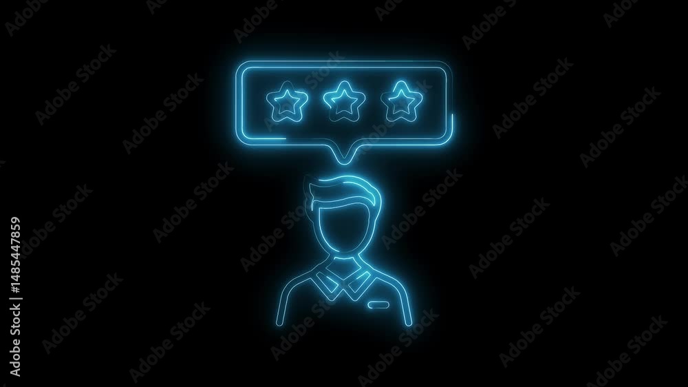 Glowing neon style person with three star rating feedback on black background Glowing neon style person with three star rating feedback on black background