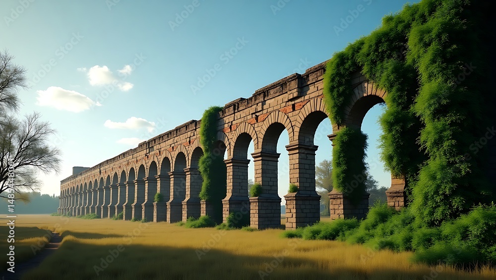 Obraz premium Ancient roman aqueduct structure covered in vegetation across a grassy field