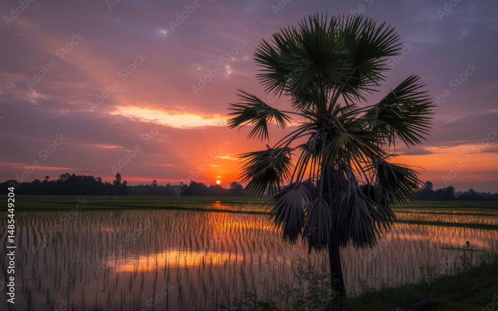 Obraz premium Glorious Sunrise Over Flooded Rice Paddy with Silhouetted Palm Tree