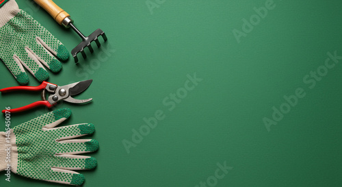 Fototapeta Naklejka Na Ścianę i Meble -  green background with empty space for text on the theme of gardening decorated with gloves, rake and garden shears
