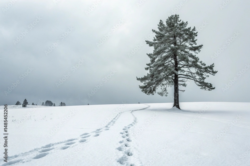 Fototapeta premium Lonely Pine Tree in Snowy Clearing Footprints Path Minimalist Winter Scene.
