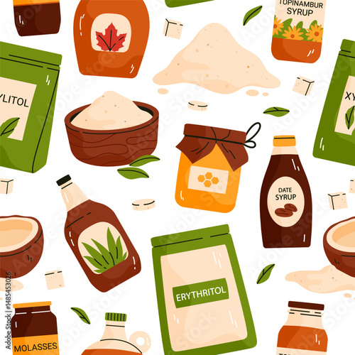 Seamless pattern of natural organic sweeteners. Healthy sugar substitute collection. Vegan, gluten-free and diabetic-friendly product. Vector illustration in cartoon style. Isolated white background
