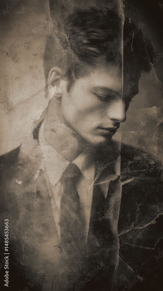 Obraz premium A sepia-toned portrait of a pensive man, with ripped edges.
