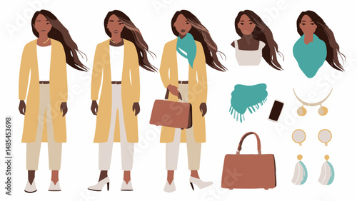 Illustrations of a woman in different outfits with accessories on a white background showing fashion