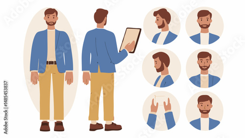 Illustrations of a man in different poses and headshots with various angles and expressions shown