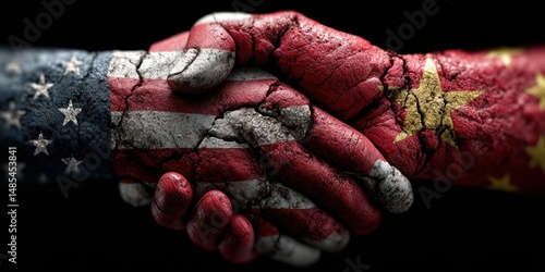 Trade Tension Between United States and China with Torn Flags Concept