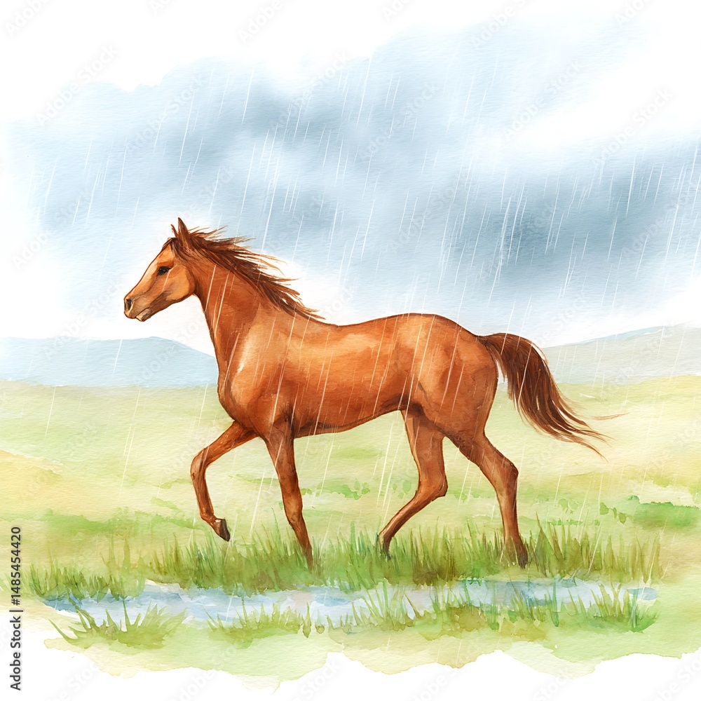 Fototapeta premium A Chestnut Horse Running in the Rain, Watercolor Painting.