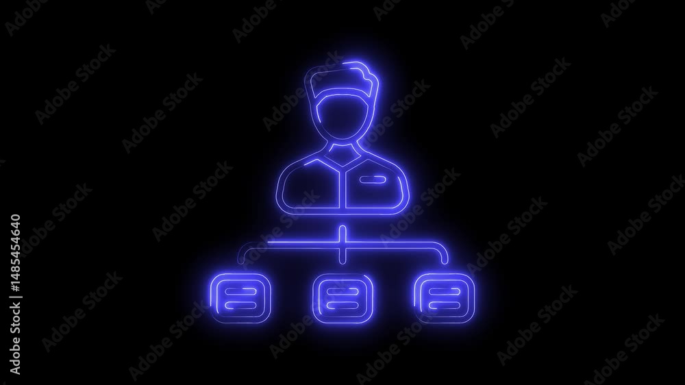 Glowing neon organization chart of person managing three departments on black background Glowing neon organization chart of person managing three departments on black background