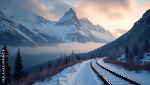 Dramatic, winding railroad tracks stretch through the heart of rugged, granite mountains, their peaks capped with a thick layer of snow that's lightly dusted with a misty veil of frost