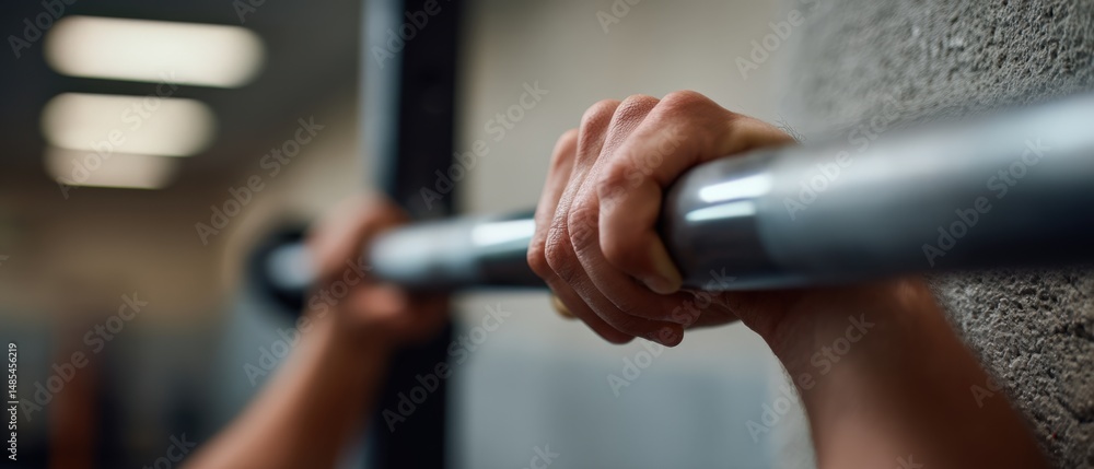 Closeup of adult mans hands gripping a barbell in a gym, preparing for weightlifting workout, showcasing strength and determination Closeup of adult mans hands gripping a barbell in a gym, preparing for weightlifting workout, showcasing strength and determination