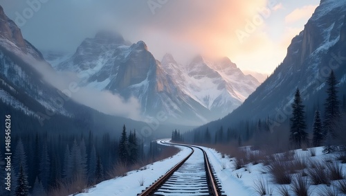 Dramatic, winding railroad tracks stretch through the heart of rugged, granite mountains, their peaks capped with a thick layer of snow that's lightly dusted with a misty veil of frost
