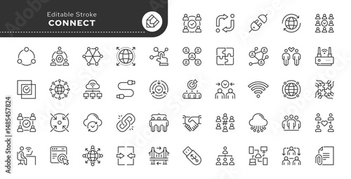 Connect line icon set. Connection, network, link, join, cable, integration, connectivity, connecting, interaction and more. Outline icon in linear style. Vector collection.	