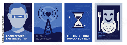 Metaphorical Posters: Striking minimalist posters with deep blue hues, each a visual metaphor, cleverly communicate poignant messages about modern life and society.