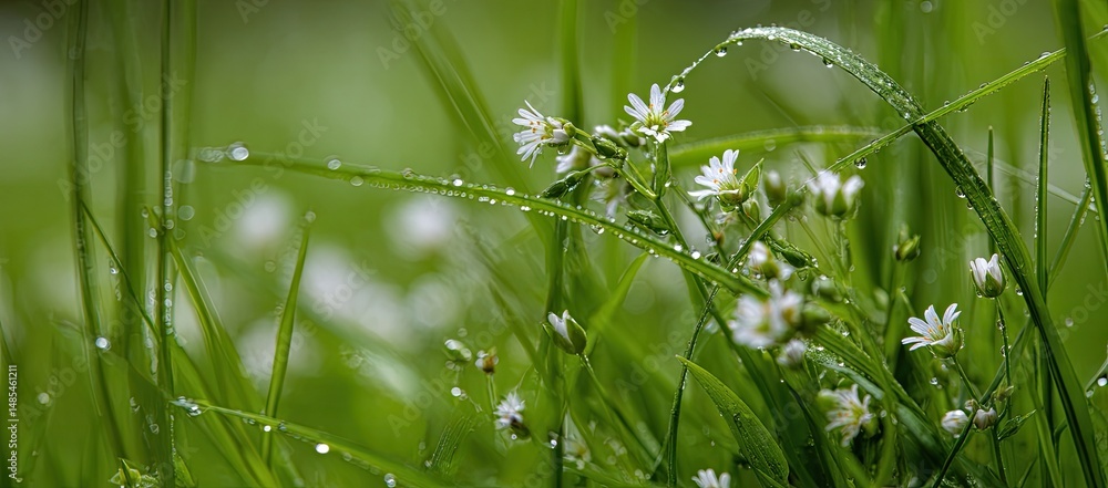 Delicate wildflowers in dewy grass Delicate wildflowers in dewy grass