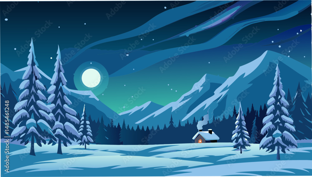 Naklejka premium A winter landscape with snow covered trees mountains and a cozy cabin under a bright moonlit night sky