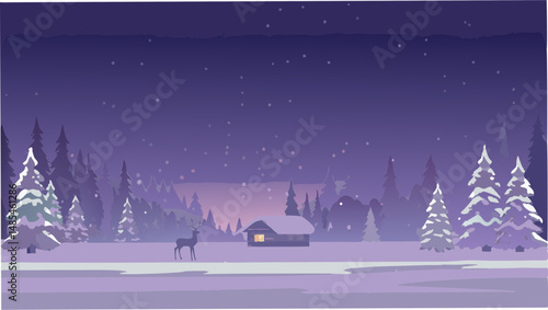 A winter night scene with a deer standing near a cabin surrounded by snow covered trees and a starry sky