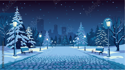 Winter scene with snow covered trees benches and streetlights in a park with a city skyline view at night