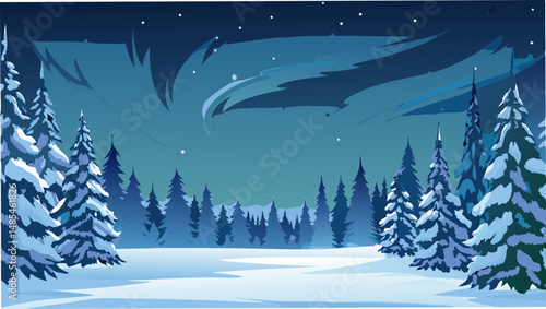 A snowy winter landscape with evergreen trees under a night sky with clouds and twinkling stars is shown