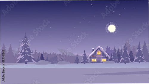Winter night landscape with snow covered ground trees and a cozy house under a bright moonlit sky above the forest