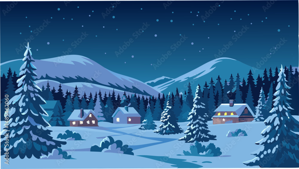 Naklejka premium Illustration of a winter landscape with snow covered mountains and trees and houses under a starry night sky