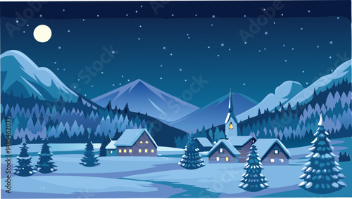 A snowy village at night with mountains, trees, houses, a church, and a full moon under a starry sky in blue tones