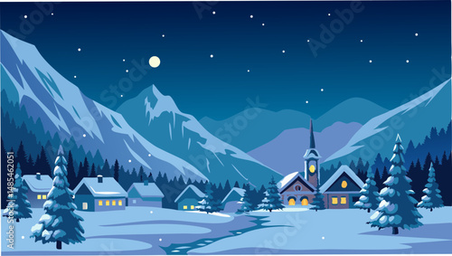Illustration of a snowy village at night with mountains, trees, and a church under a starry sky scene
