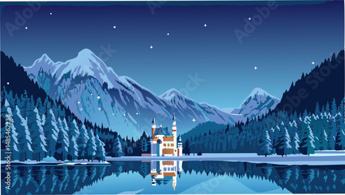 Illustration of a castle by a lake surrounded by snow covered mountains under a starry night sky scene