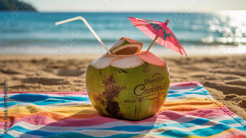 Refreshing Coconut Drink on Beach Towel