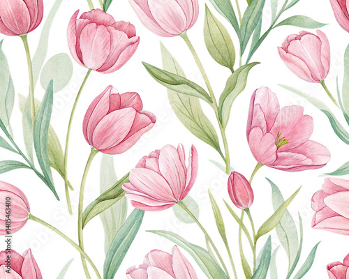 Wallpaper Mural Seamless watercolor pattern with pink tulips on a white background. Hand-painted floral design perfect for spring themes, fabric prints, wallpapers, and invitations Torontodigital.ca