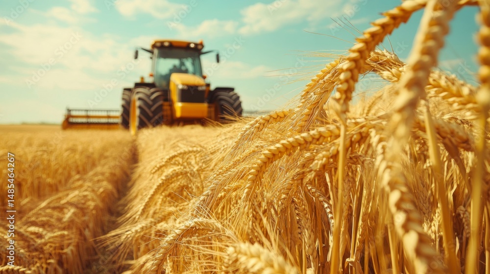 Fototapeta premium Golden Wheat Field with Tractor Harvesting