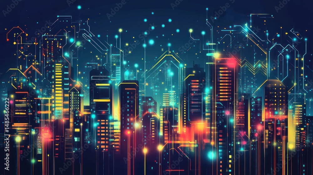 Digital cityscape, advanced technological infrastructure with vibrant connections Digital cityscape, advanced technological infrastructure with vibrant connections