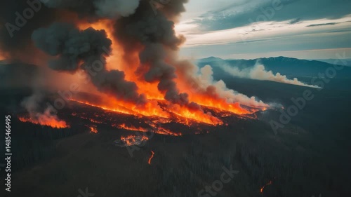 Overview of forest fire in taiga with smoke and haze over mountains, Khorinsk, Russia from the air