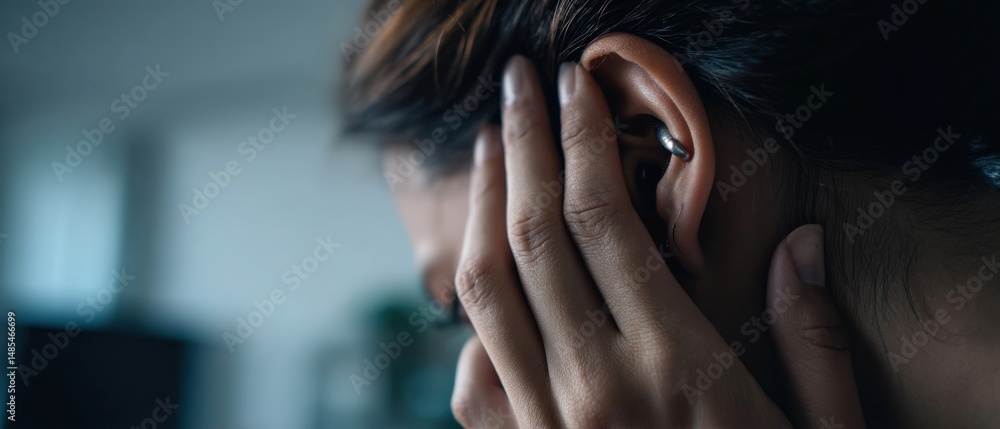 Fototapeta premium Woman with hearing aid touching her ear indoors, concept of hearing loss, deafness, and accessibility