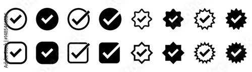 Black check mark icons set. Checkmark vector icon collection. Checked icon or correct choice sign. Check mark or checkbox pictogram. Vector illustration.